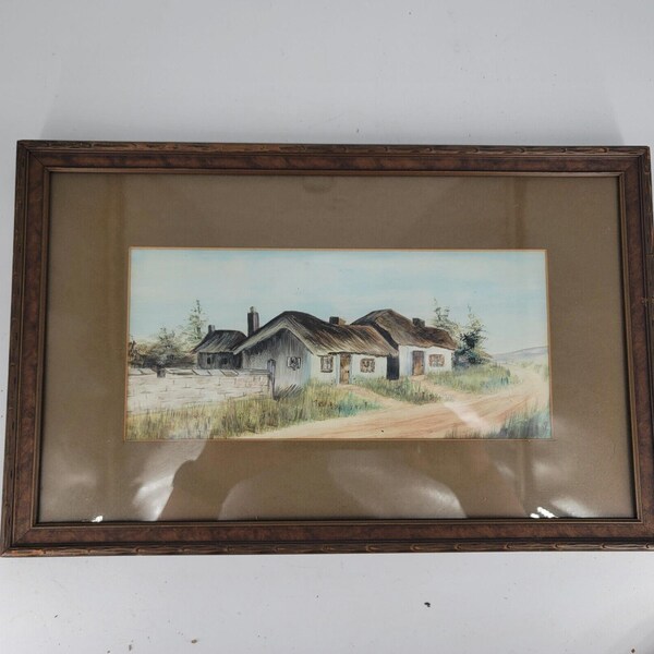 Original Old Framed Watercolor COUNTRY HOUSE Unknown Artist Signed on the Back