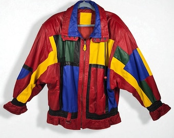 Vintage Mixed Blues Leather Jacket Woman Large Color Block 80s 90s Retro Bold