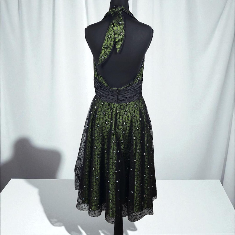 Vintage Adrianna Papell Boutique Green Black Lace Halter Dress Size 8 Whimsygoth image 2