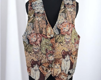VTG Mirrors Tapestry Kitten Vest Lrg Novelty Cat Print Button Front  Made in USA