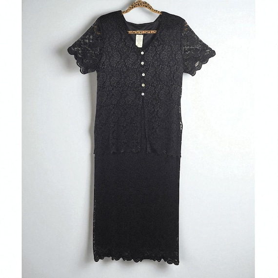 Vintage Helene Blake Evening Black Lace Dress Women's Size 14 Short Sleeve Lined