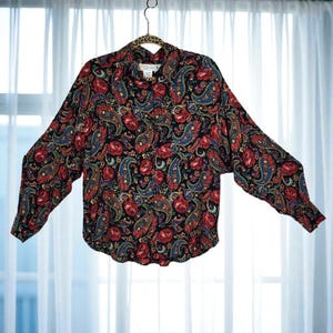 VTG 80s Chaus Blouse Woman 12 Paisley Floral Print Long Sleeve Button Up