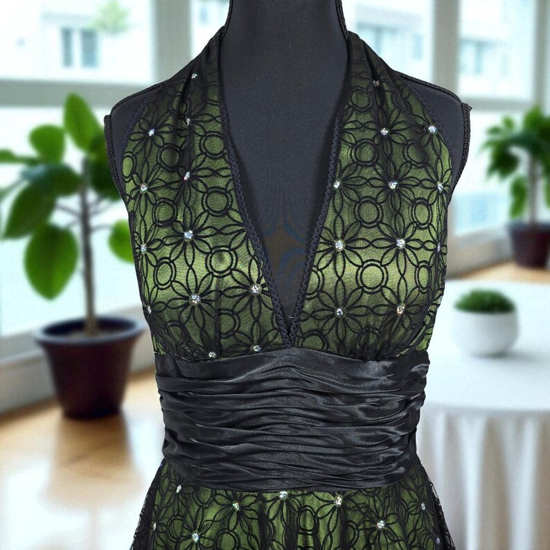 Vintage Adrianna Papell Boutique Green Black Lace Halter Dress Size 8 Whimsygoth image 7