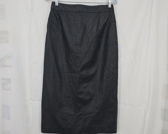 Vintage 90s G-III Leather Fashions Black Leather Midi Skirt Button Snap Size 4