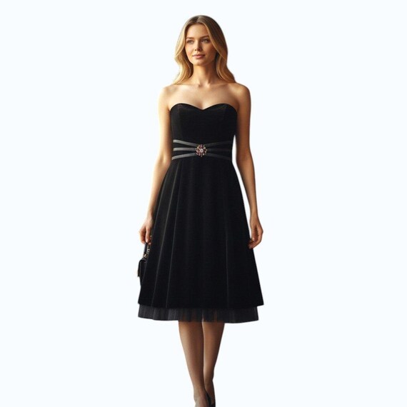 cocktail dresses talbots VTG Black Silk Blend Velvet Strapless Dress Tulle Hem Woman 6P Green Pleated Beaded Ball dresssale2023 seam pockets Size:31x36