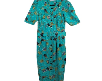 Adrianna Papell Vintage 100% Silk Teal Crown Tassel Print Belted Midi Dress 6