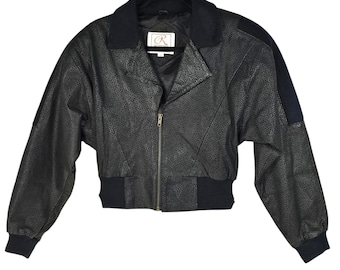 Rinzi International Vintage Leather Bomber Jacket Black Pebble Batwing Cropped M