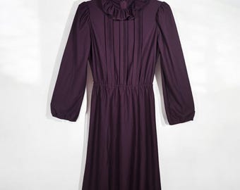 Vintage Midi Dress Plum Purple Long Sleeve Ruffle Neck Pleated Women's Medium?