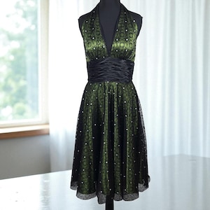 Vintage Adrianna Papell Boutique Green Black Lace Halter Dress Size 8 Whimsygoth image 1
