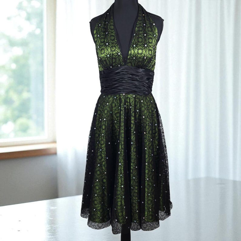 Vintage Adrianna Papell Boutique Green Black Lace Halter Dress Size 8 Whimsygoth image 1