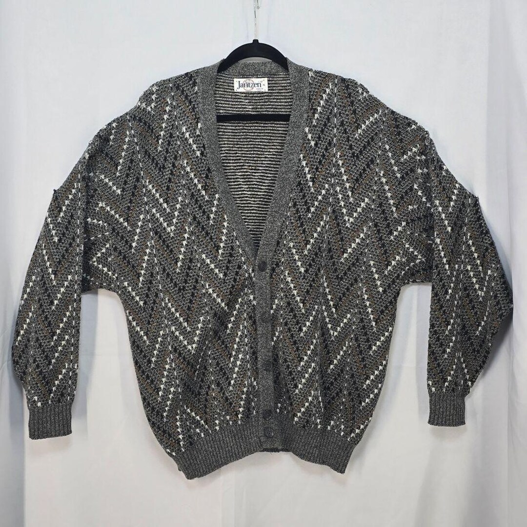 お*て様 60s Jantzen wool knit cardigan XL b VTG Jantzen Cardigan Sweater Men XL Gray Geometric Knit