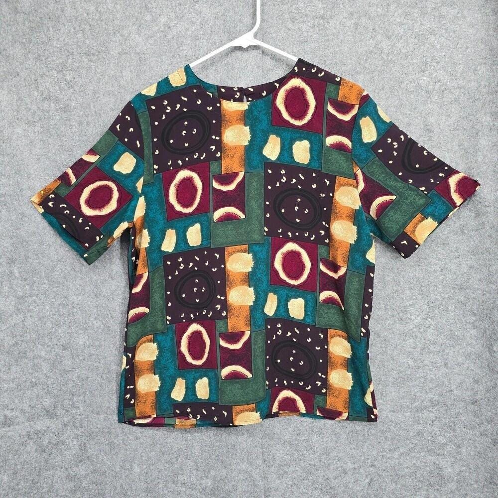 Vintage Kathy Che Blouse Woman Medium? Multicolor Geometric Patch Short Sleeve, image size:1000x1000
