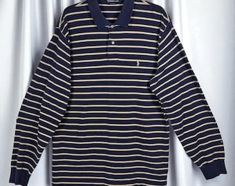 Polo Ralph Lauren Striped Long Sleeve Polo Shirt Men XL Vintage Classic Fit Blue