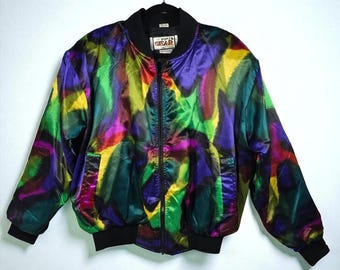 Vintage Bomber Jacket Power Gear Colorful Abstract One Size Fits All Psychedelic