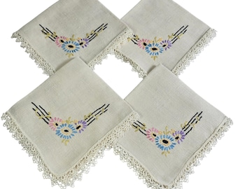 Vintage Hand Embroidered Linen Napkins Set of 4 Floral Lace Trim Cream 10x10
