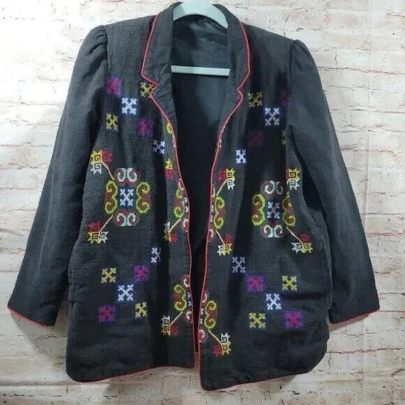 Black 80s Embroidered Woman Linen Blazer Size MED… - image 1