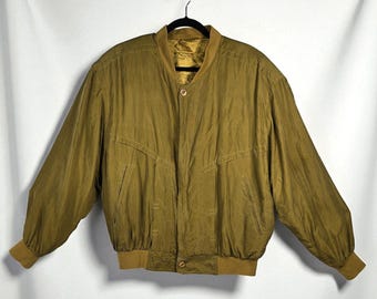 Vintage 90s Pierre Cardin Paris Silk Bomber Jacket Menswear Olive Green Size 50