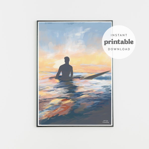 Surfer Sunset Wall Art by Carina Tremblay | Beach Prints | Beach Surfer Poster Decor | Surf Print | Sunset Artwork | Ocean Wall Decor