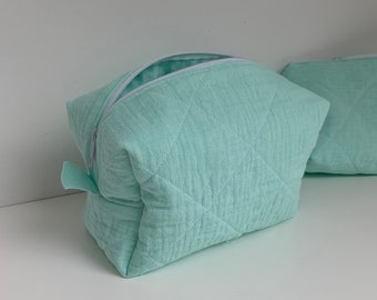 Turquoise make-up tas & lichte Teal Vichy Check voering - handgemaakte make-up tasje met gingham erin - toilettas voor haar