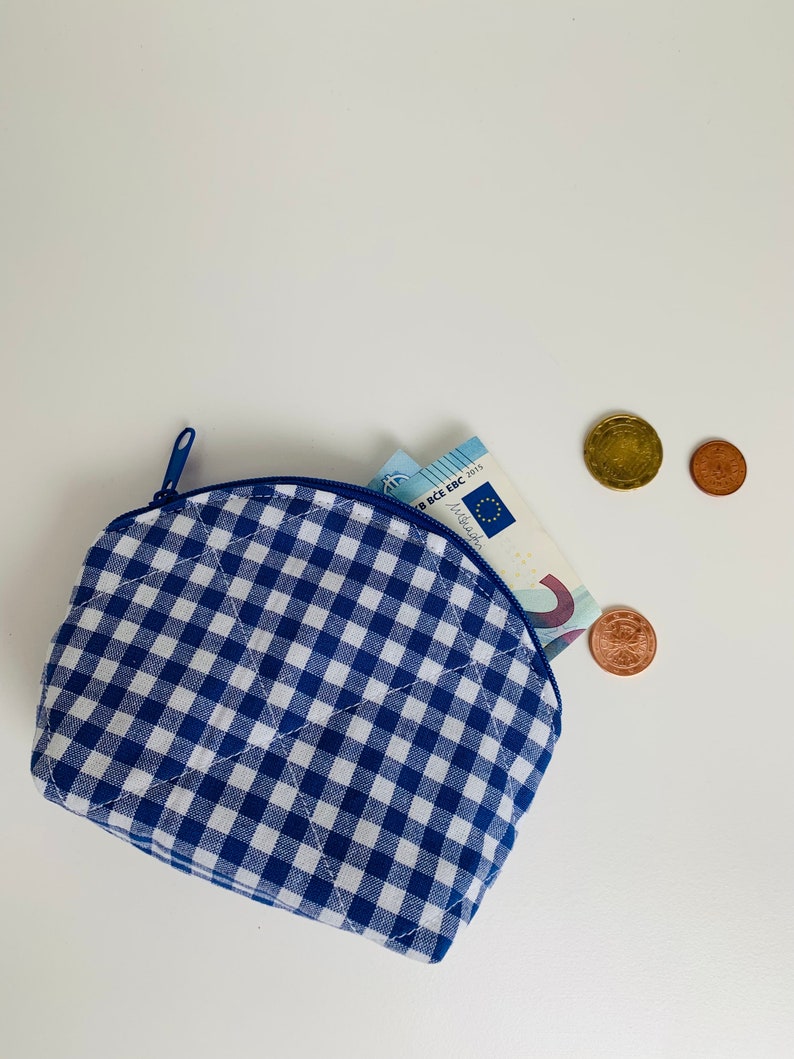 Blauwe Gingham make-up tas met lichtblauwe vichy geruite voering handgemaakte make-up tas Gingham make-up tasje kleurrijke toilettas voor dames afbeelding 7