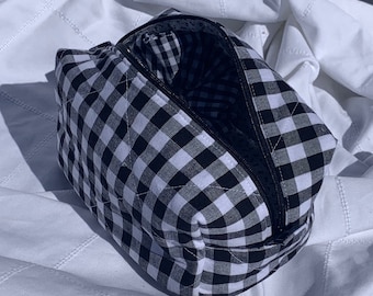 Zwart & Wit Make-up tas Gingham buiten - handgemaakte make-up tas met Vichy Check - make-up tasje - toilettas voor vrouw - make-up tasje