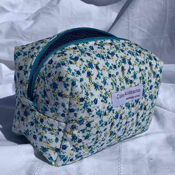Teal Ditsy Floral Makeup Bag with Vichy Check Lining - Handmade Makeup Pouch - Makeup Organizer - Toiletry Bag for Woman