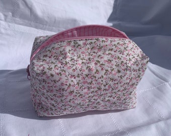 Borsa per trucchi floreale con fodera a quadri vichy rosa chiaro - pochette per cosmetici fatta a mano - pochette per cosmetici Gingham - pochette per accessori da viaggio