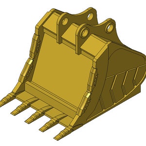 May include: A yellow metal excavator bucket with a set of teeth on the bottom edge. The bucket has a curved shape and a set of holes on the top edge.