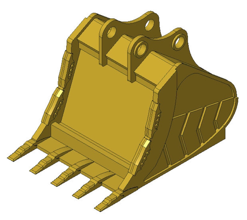 May include: A yellow metal excavator bucket with a set of teeth on the bottom edge. The bucket has a curved shape and a set of holes on the top edge.