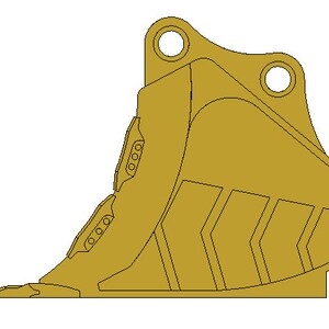 May include: A gold-colored excavator bucket with a pointed tip and a series of holes along the sides.