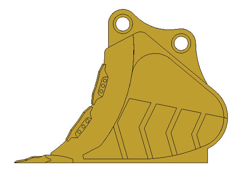 May include: A gold-colored excavator bucket with a pointed tip and a series of holes along the sides.
