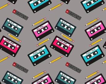 Coleção de padrões repetitivos "Cassetes e Lápis" - Moldes para download para trabalhos manuais em tecido e papel.