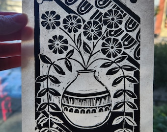 Eastlake Flowers Hand-carved Linocut Print