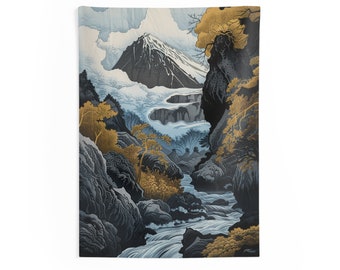 Mountain Reverie : un voyage tranquille dans une gravure sur bois sophistiquée sur une tapisserie