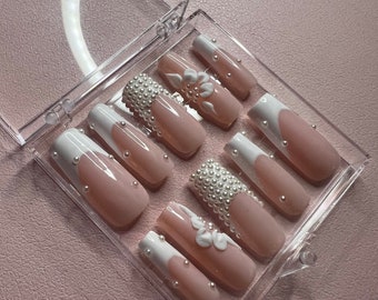 Pearl French Tip Press On Nails | 3D Flower, Wedding Nail Set
