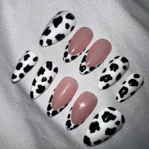Cowboy Nails | Press On Nails | Cow Print Nails | Cowgirl Style Nails | Almond Animal Print Nails | Everyday Nails | Black and White Nails |