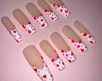 Valentines Day Press On Nails | Matte French Tip, Hearts