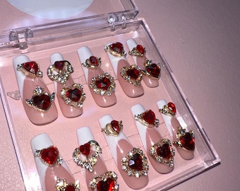Valentines Day Press On Nails | French Tip, Red Heart Gemstones