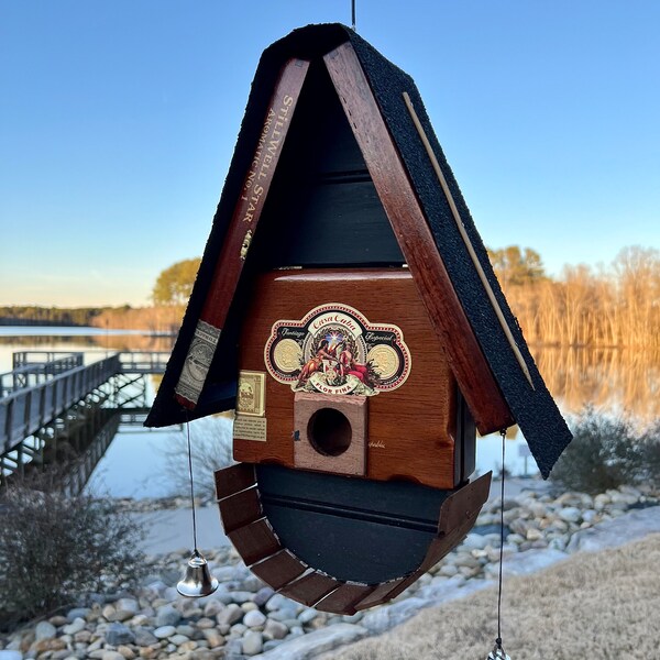 Handmade repurposed birdhouses crafted out of premium cigar boxes