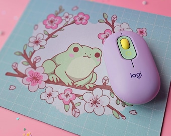 Kawaii Frog Mousepad | Cherry Blossom Cottagecore Desk Decor