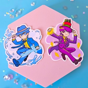 May include: Two cartoon character stickers. One sticker features a blue character wearing a blue hat and a yellow jacket, with blue water effects around him. The other sticker features a purple character wearing a purple suit and a green hat, with yellow leaves around him.