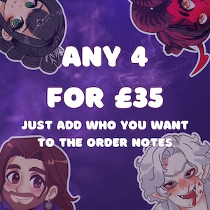 K&ouml;nnte beinhalten: Lilafarbener Hintergrund mit dem Text "ANY 4 FOR &pound;35 JUST ADD WHO YOU WANT TO THE ORDER NOTES". Vier Comicfiguren sind um den Text herum abgebildet.