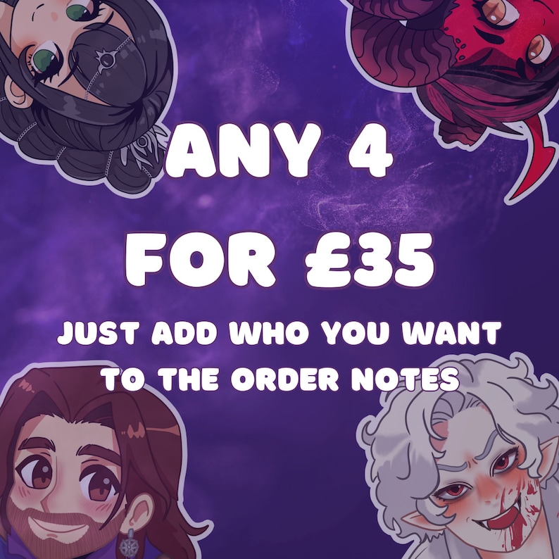 K&ouml;nnte beinhalten: Lilafarbener Hintergrund mit dem Text "ANY 4 FOR &pound;35 JUST ADD WHO YOU WANT TO THE ORDER NOTES". Vier Comicfiguren sind um den Text herum abgebildet.