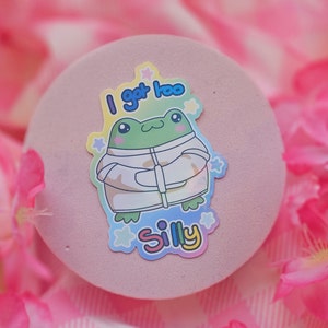 Puede incluir: Una colorida pegatina con una rana de dibujos animados con una chaqueta blanca. La rana tiene una cara verde y está rodeada de estrellas. El texto "I got too Silly" está escrito en la pegatina en azul y amarillo.