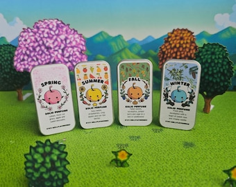 Perfume sólido inspirado en Stardew Valley. Fragancias de temporada de primavera, verano, otoño e invierno.