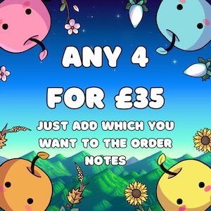 K&ouml;nnte beinhalten: Eine digitale Illustration eines Angebots f&uuml;r vier Artikel f&uuml;r 35 &pound;. Das Bild zeigt einen blauen Himmel mit Sternen, Bergen und Blumen. Der Text lautet "ANY 4 FOR &pound;35 JUST ADD WHICH YOU WANT TO THE ORDER NOTES".