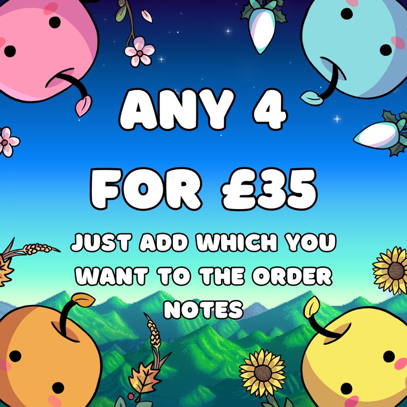 K&ouml;nnte beinhalten: Eine digitale Illustration eines Angebots f&uuml;r vier Artikel f&uuml;r 35 &pound;. Das Bild zeigt einen blauen Himmel mit Sternen, Bergen und Blumen. Der Text lautet "ANY 4 FOR &pound;35 JUST ADD WHICH YOU WANT TO THE ORDER NOTES".