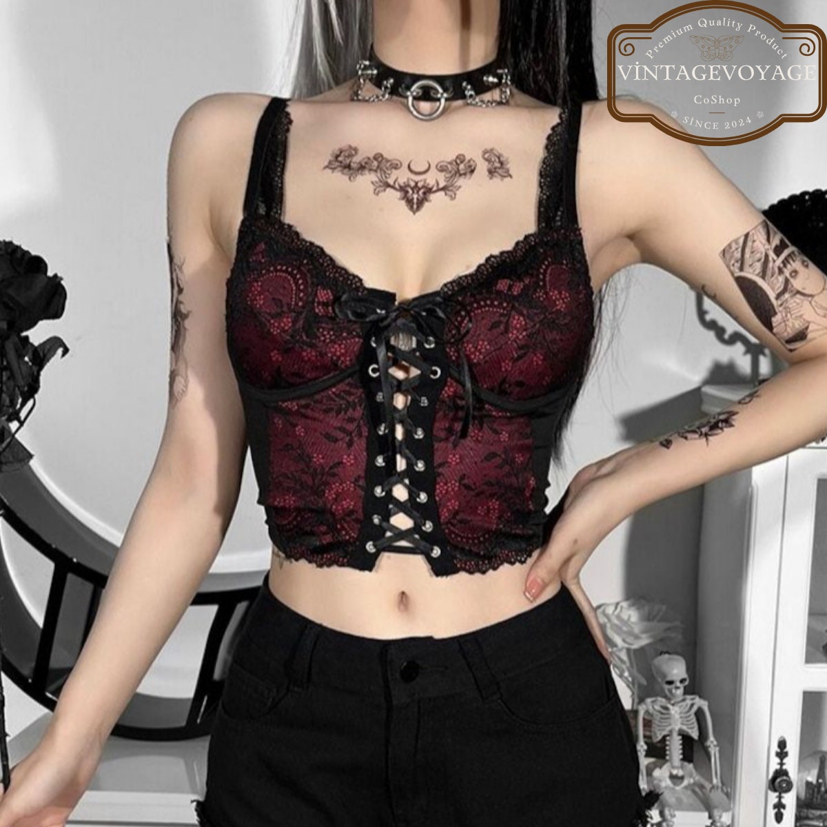 Corset Bustier Top S M Small Medium Black Red Satin Lace-Up Emo Mall Goth  Gothic