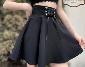 Dark Versatile Mini Skater Skirt,Harajuku Skirt, Grunge Retro Alt Girl Skirt,Y2K Flared Goth Schoolgirl Skirt, Punk High Street