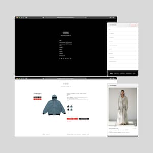 May include: Screenshots of a website showcasing clothing items. The website displays a blue hooded jacket, a model wearing a long dress, and a menu with categories like jackets, shirts, and pants. The website's name is BOOMTOWN.